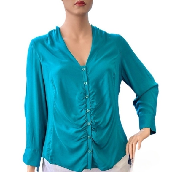 Igigi Tierney Blouse Plus Size 20 Jade Green Cuffs Sleeves Button-Up Ruching NEW - Picture 1 of 11